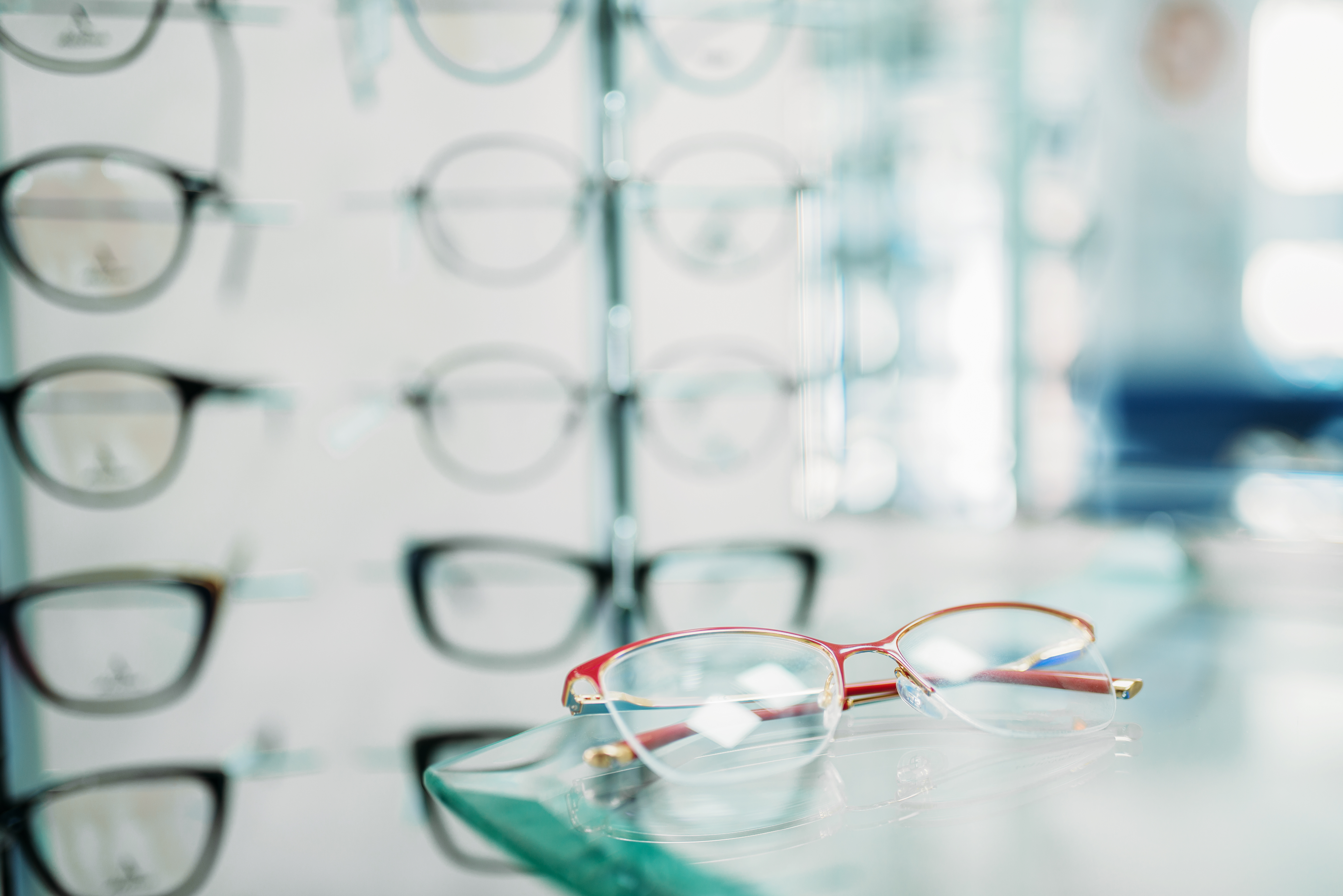 Glasses showcase in optic shop closeup